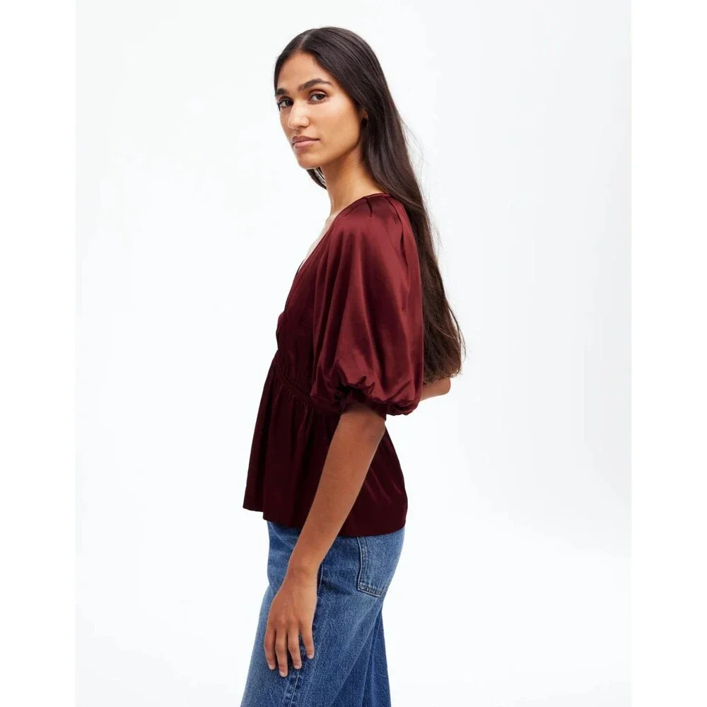 Madewell Medium Shirred Puff Sleeve Top Satin Cabernet V-Neck Empire Waist NWT